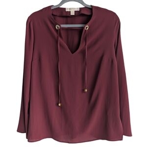 Michael Kors Women's Small Burgundy Long Sleeve Blouse V Neck‎ Drawstrings